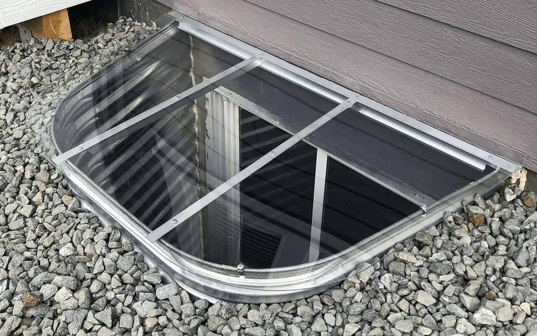 Exterior window well cover made of clear material, framed with metal, over gravel landscape.
